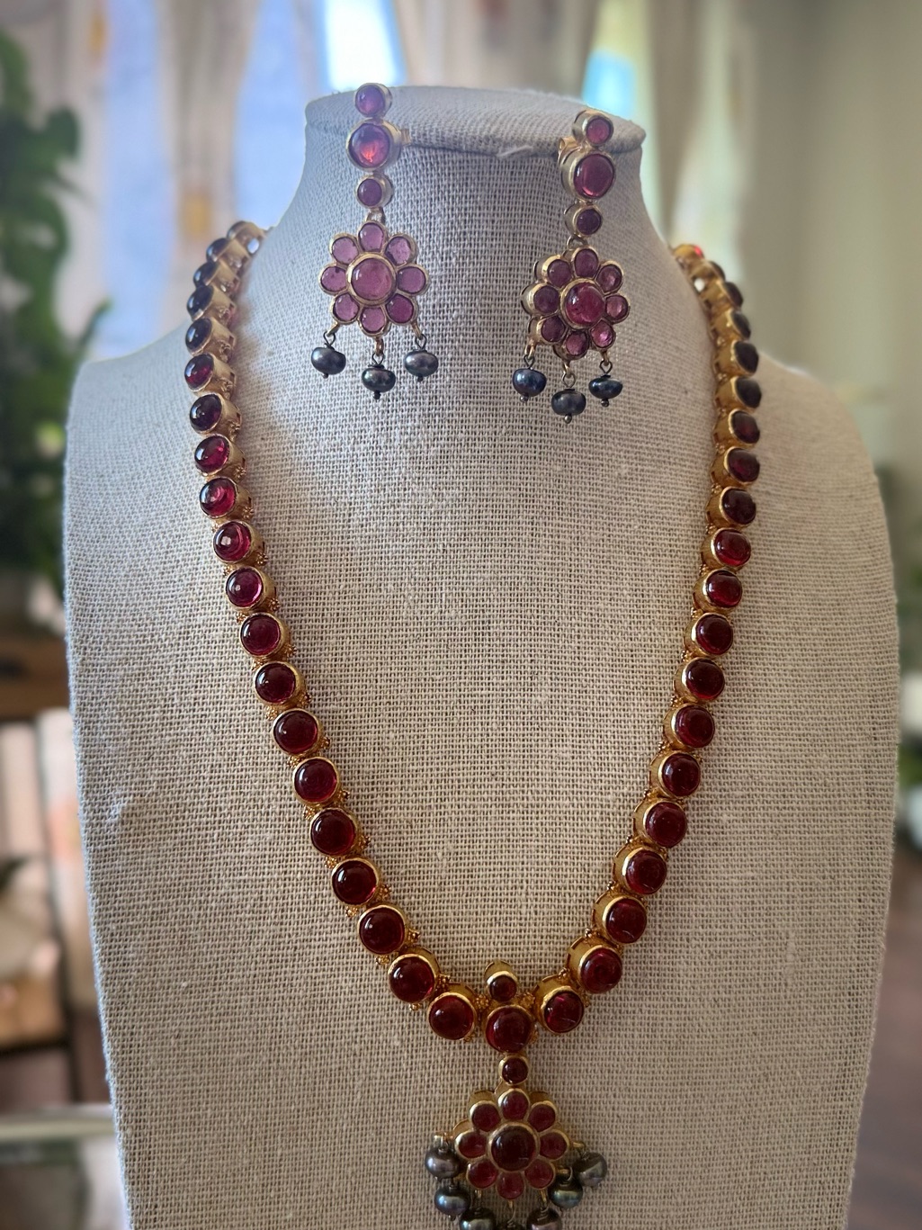 Gold-Tone Red Stone Floral Necklace And Earring Set